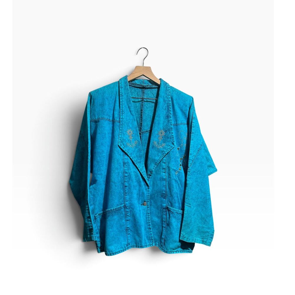 Vintage 80s Sundance Denim Jacket Large Western Teal Blue Nashville Rodeo Dallas